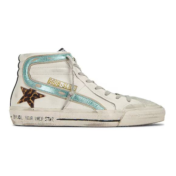 Golden Goose Slide Sneakers Women’s White Leather Leopard Star Green Stripe 37' - Picture 1 of 12